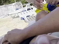 out by the public pool i was stroking my big cock when this busty milf with natural tits spotted me and helped jerk me off till i shot cum everywhere close up