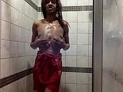 ginger ebony milf soaks pink panties in steamy shower wet play