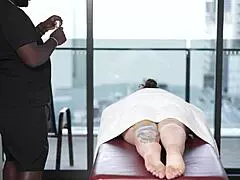 the american bbc masseuse spots this hot aussie milf on his table and starts with a massage but soon he's bending her over for some intense doggystyle pounding before unloading a massive creampie inside her