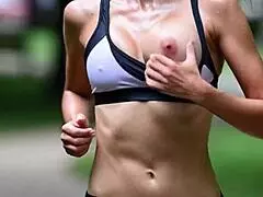 Mature milf jogs park path with huge natural tits bouncing nipples slipping out