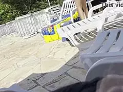 out by the public pool i was stroking my big cock when this busty milf with natural tits spotted me and helped jerk me off till i shot cum everywhere close up