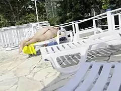 out by the public pool i was stroking my big cock when this busty milf with natural tits spotted me and helped jerk me off till i shot cum everywhere close up