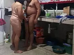 teacher milf with big ass bends over in kitchen for creampie doggystyle pounding