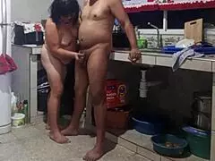 teacher milf with big ass bends over in kitchen for creampie doggystyle pounding