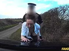 that slutty american milf in black fishnets gets pounded hard by british cop in fake uniform outdoor fuck for cash