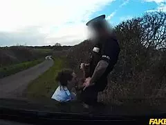 that slutty american milf in black fishnets gets pounded hard by british cop in fake uniform outdoor fuck for cash