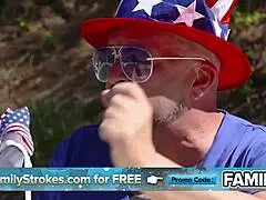 Stepmom and stepdaughter suck cock then fuck at family BBQ outdoors.