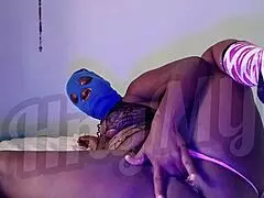 hey horny ebony milf, grab that vibrator shove it deep in your gaping thong pussy for full solo orgasm movie