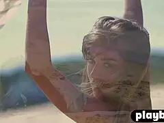 hey that small tits model on the beach strips and flashes her pussy nice