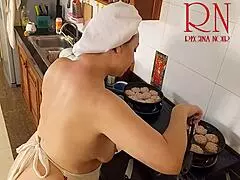 nudist housewife regina noir cooks naked in kitchen as voyeur maid