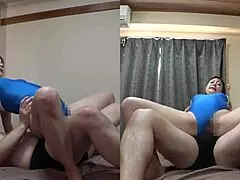 JAPANESE BUSTY MILF ROCKS DAUGHTER'S SCHOOL SWIMSUIT OILED HUGE TITS!