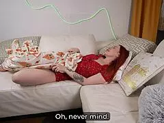 stepson dressed as santa tricks busty stepmom on new year's couch into creampie pounding