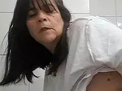 latina bbw milf brunette in bathroom gets surprised fucked missionary creampie on natural tits
