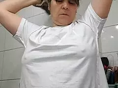 latina bbw milf brunette in bathroom gets surprised fucked missionary creampie on natural tits