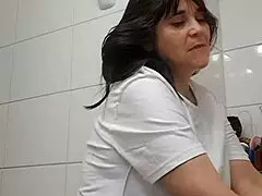 latina bbw milf brunette in bathroom gets surprised fucked missionary creampie on natural tits