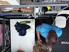 Married woman dragged to back office for rough desk fuck by mall cop