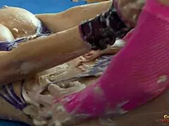 hey, amazing blonde milf licks friend's shaved pussy on floor with heels!