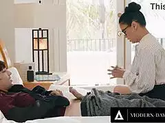 aww, this sexy teacher helps her injured teen student cum since he can't jerk off