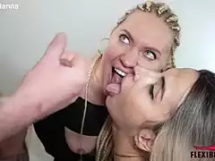 Two Blondes Tease with Hot Double Blowjob Threesome Facial Cum Swap