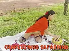 naughty little red riding hood meets horny woodcutter in forest for full fuck