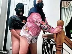 hey pretty hijab sister-in-law, why punish this tied cheating wife on staircase?