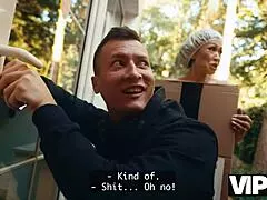 Shaved mature neighbor cougar fucks monster cock in stockings