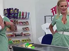 two blonde saleswomen with bouncing boobs seduce customers for mmff foursome fuck
