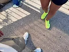 Cheating curvy stepmom flashes big natural tits then sucks and fucks stepson at public bus stop