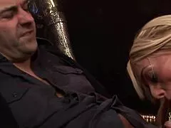 A blonde big boobed milf pole dances seductively before taking a hard pounding and cumshot finish