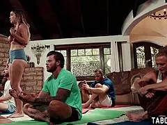 Yoga babe Lilith Grace's gangbang starts with accidental double penetration