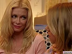 big tits milf seduces shaved blonde neighbor into wet pussy licking and tribbing