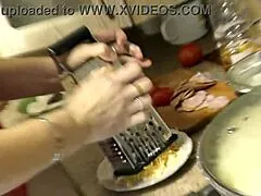 Frina cooks naked in see-through peignoir no panties bra flashing shaved pussy big ass natural tits nipples then bends over kitchen counter