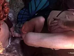 A blonde milf joins two guys in costumes for outdoor fun