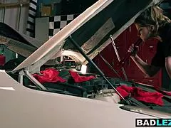 Hey big ass curvy milf, why rail that petite big boobs lesbian teen with strapon in your garage?