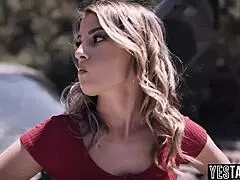 Stranded blonde milf's heart races as stranger's big cock fills her hairy pussy outdoors