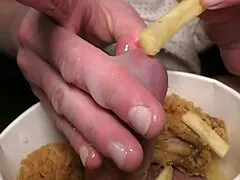 German Amateur Wife Gives Food Fetish POV Blowjob on Small Cock with Cum Swallow Cum Covered Fries