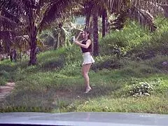 pov deepthroat blowjob in car turns into titjob cumshot on trailer