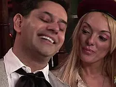 Two blonde milfs share big cocks with brunette's amazing ass in group