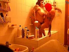 Chubby mature couple gets steamy in shower with big natural boobs bouncing 😊🚿