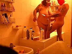 Chubby mature couple gets steamy in shower with big natural boobs bouncing 😊🚿