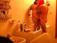 Chubby mature couple gets steamy in shower with big natural boobs bouncing 😊🚿