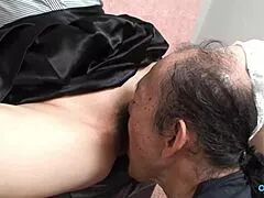 Milf's hairy pussy licked clean before guy covers her small tits and body in thick cumshots