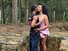 Milf's juicy ass shakes wildly bent over big black cock deep in forest interracial fuck