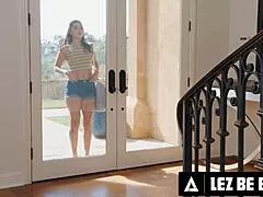 big tits blonde milf eats maid's pussy in 69 then straps her upside down rough