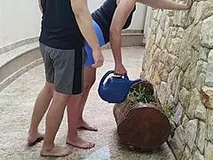 a madrasta regando flores em shorts curtos sente pau do enteado roçando sua bunda grande