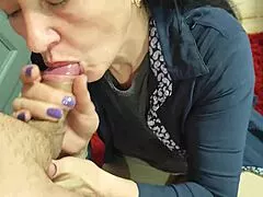 Stepmom milf teases with blowjob then takes cumshots on face turning into stepson's personal whore