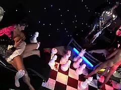 Blonde milf kicks off kinky masked foursome with friends using fake tits for blowjobs doggystyle and hard pussy pounding