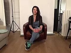 gorgeous french brunette strips teases then swallows big cock whole
