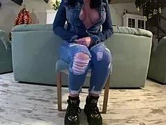 Hardcore Tease Explodes Double Cum on Ripped Jeans