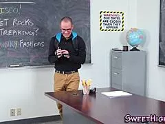 Prim teacher gobbles cock for hot cum